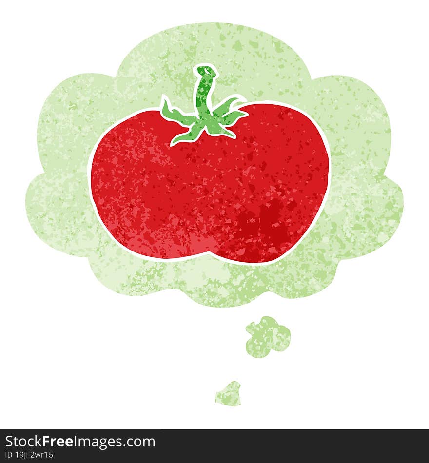 cartoon tomato and thought bubble in retro textured style