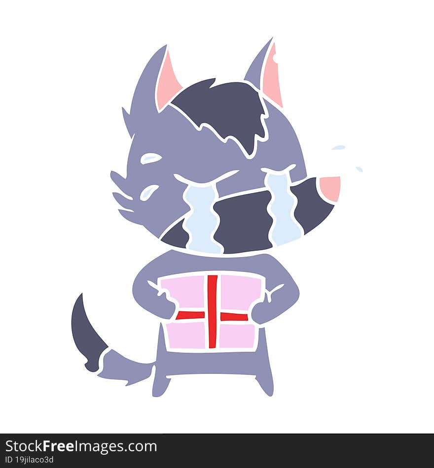 flat color style cartoon crying wolf with christmas present