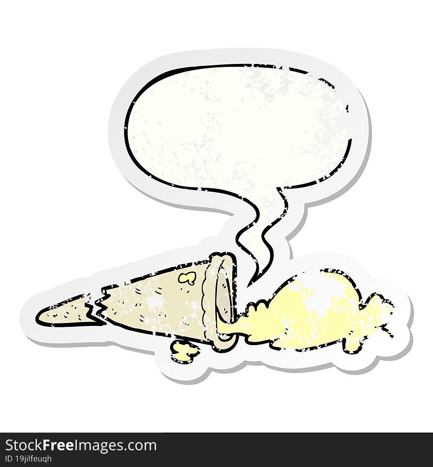 cartoon dropped ice cream and speech bubble distressed sticker