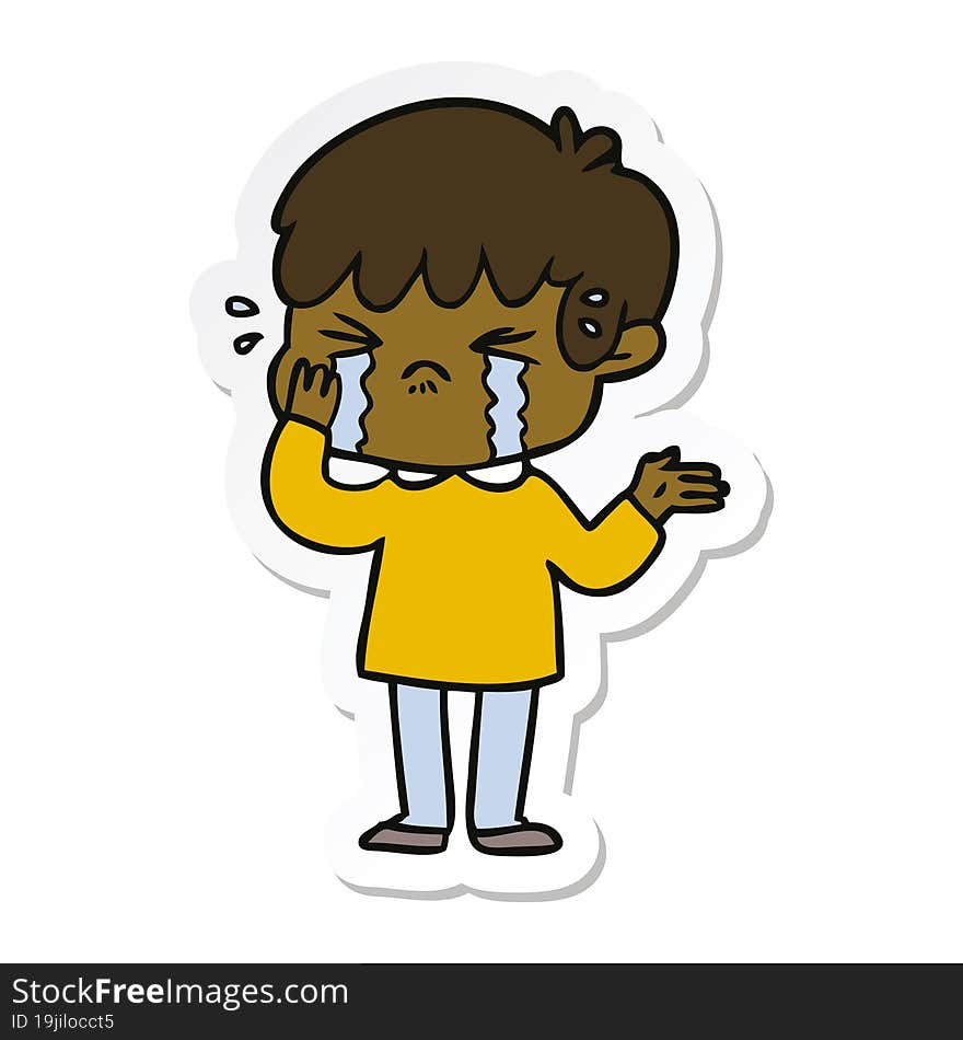 sticker of a cartoon boy crying