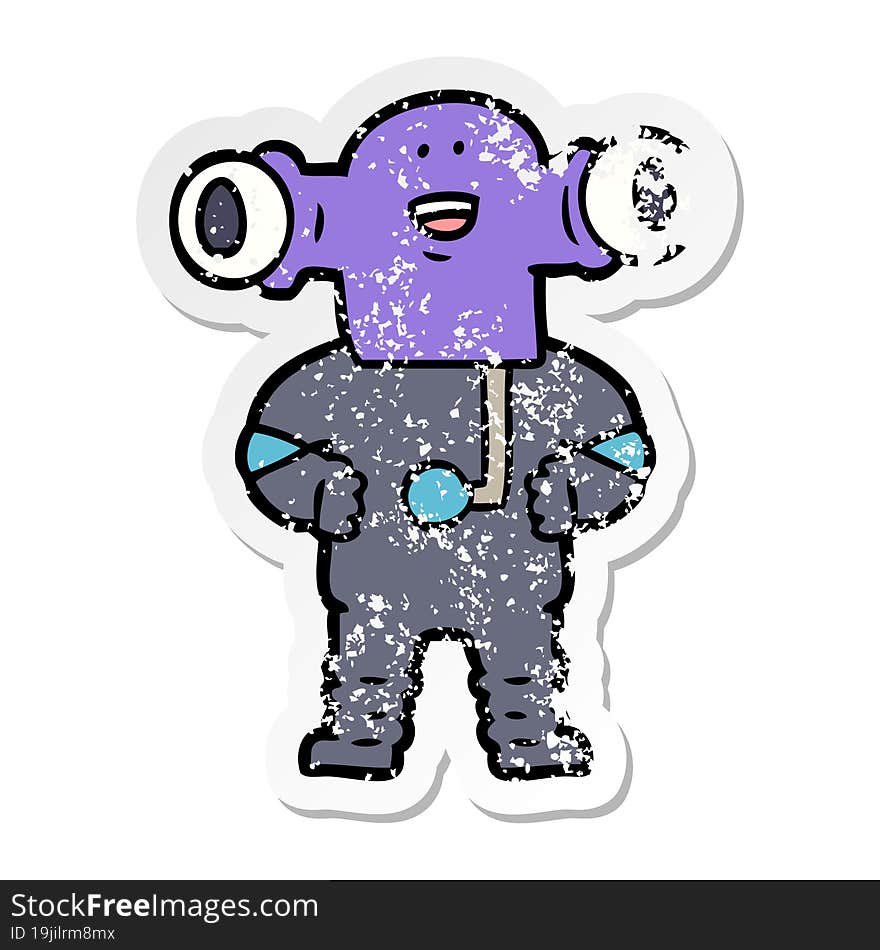 distressed sticker of a friendly cartoon alien