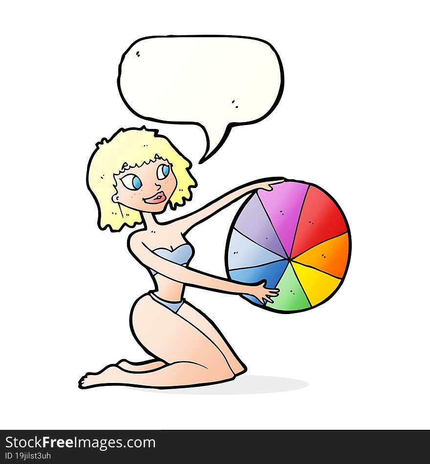 cartoon bikini girl with beach ball with speech bubble