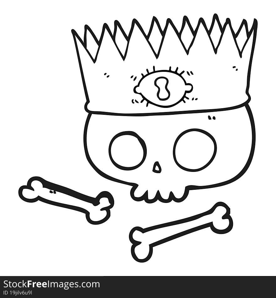 black and white cartoon magic crown on old skull