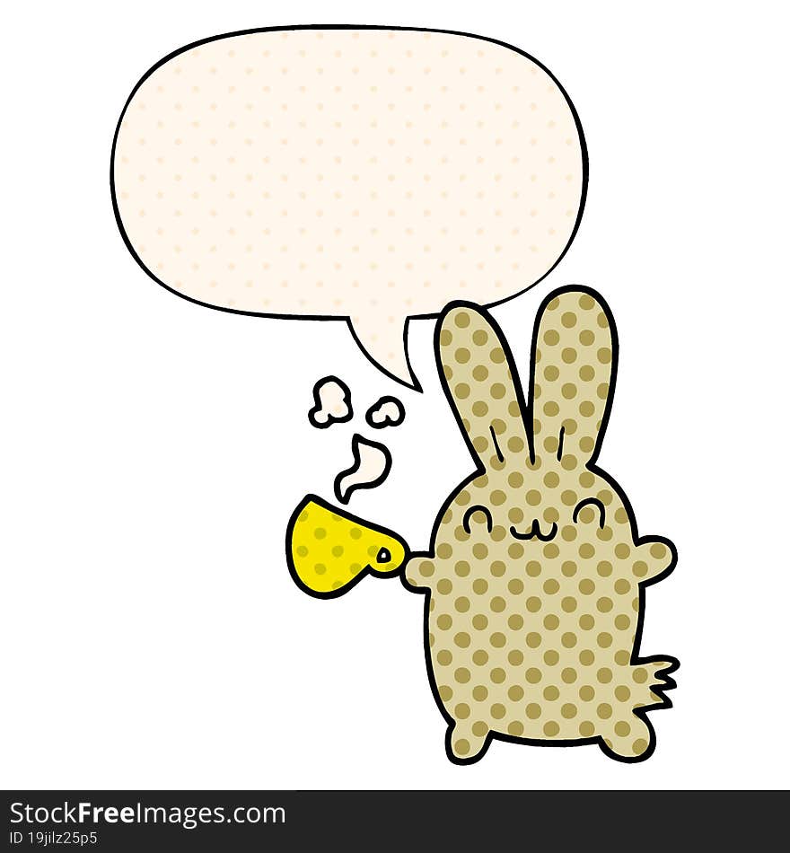 cute cartoon rabbit drinking coffee with speech bubble in comic book style