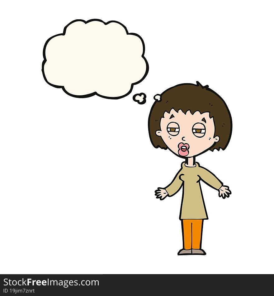 cartoon tired woman with thought bubble