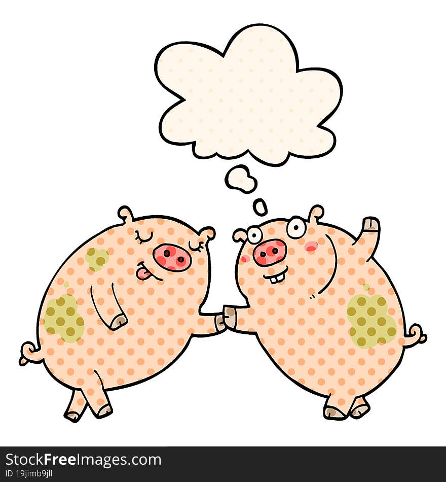 cartoon pigs dancing with thought bubble in comic book style