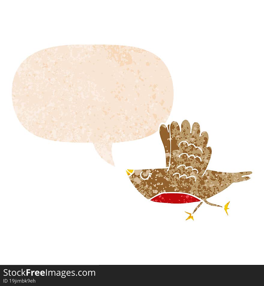 cartoon bird and speech bubble in retro textured style