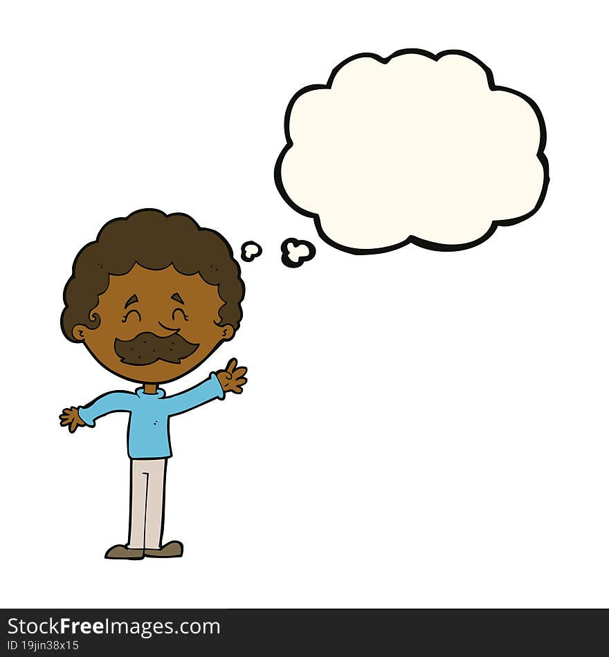 cartoon man with mustache waving with thought bubble