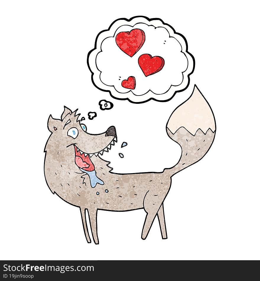 freehand drawn thought bubble textured cartoon wolf in love