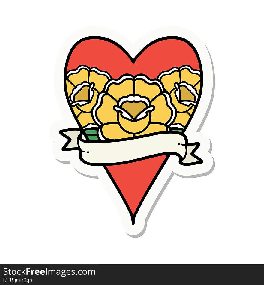 sticker of tattoo in traditional style of a heart and banner with flowers. sticker of tattoo in traditional style of a heart and banner with flowers