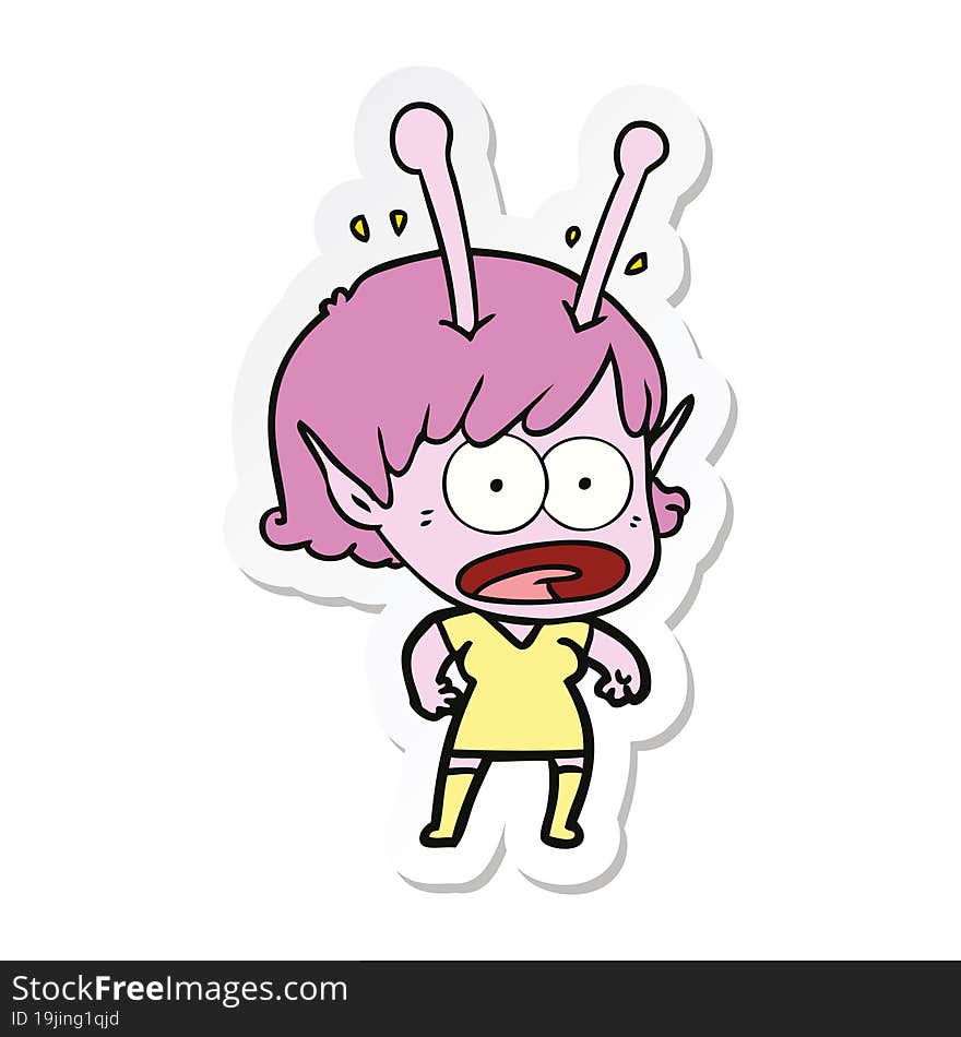 sticker of a cartoon shocked alien girl