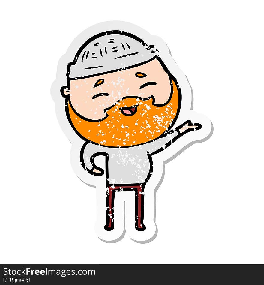 distressed sticker of a cartoon happy bearded man