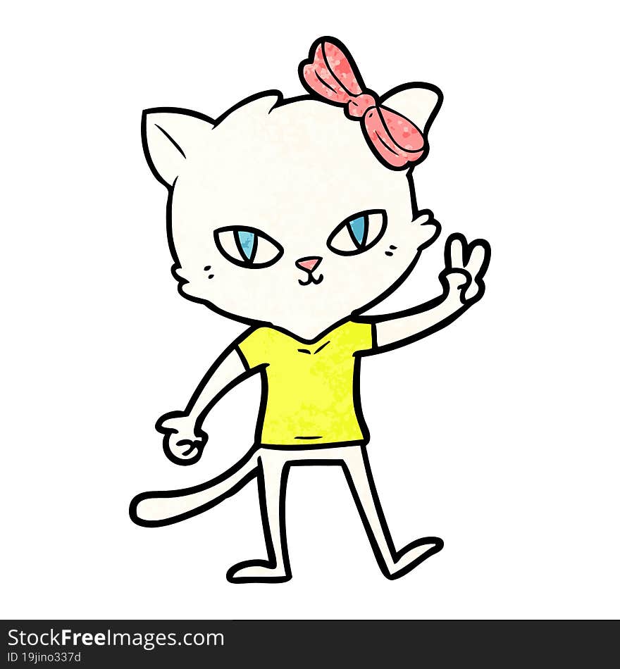 cute cartoon cat girl giving peace sign. cute cartoon cat girl giving peace sign