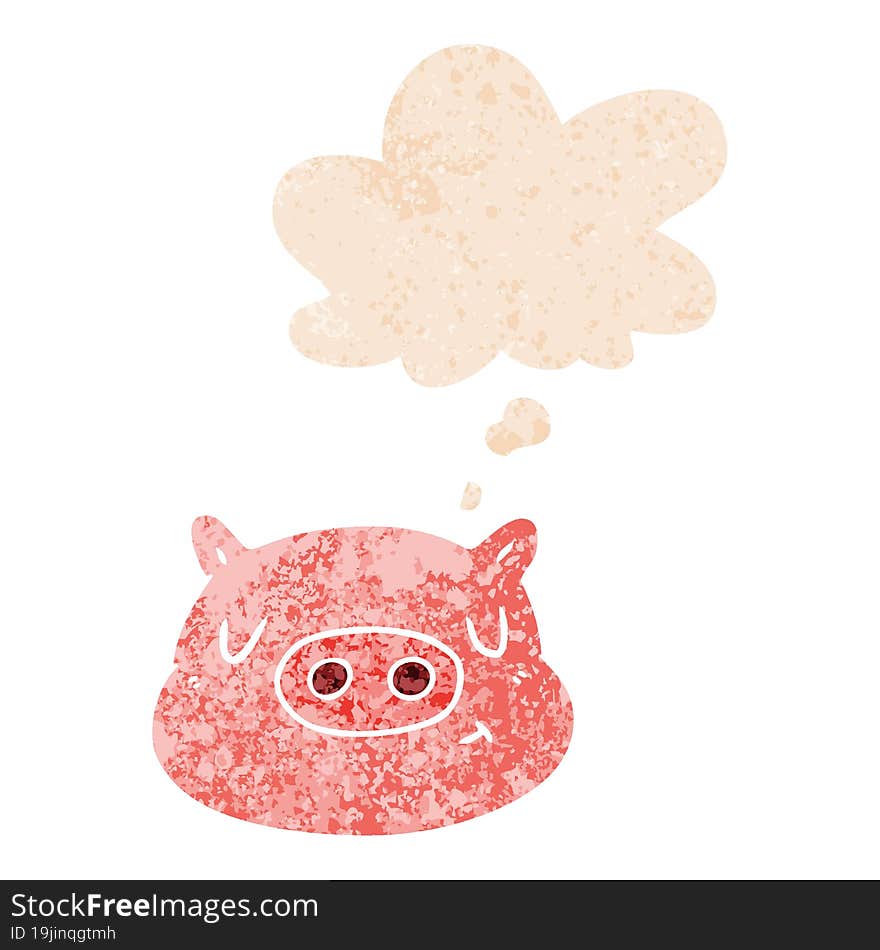 cartoon pig face and thought bubble in retro textured style