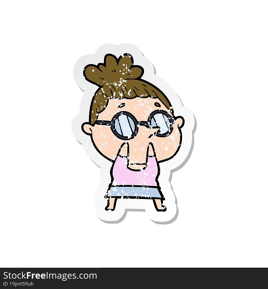 distressed sticker of a cartoon woman wearing glasses