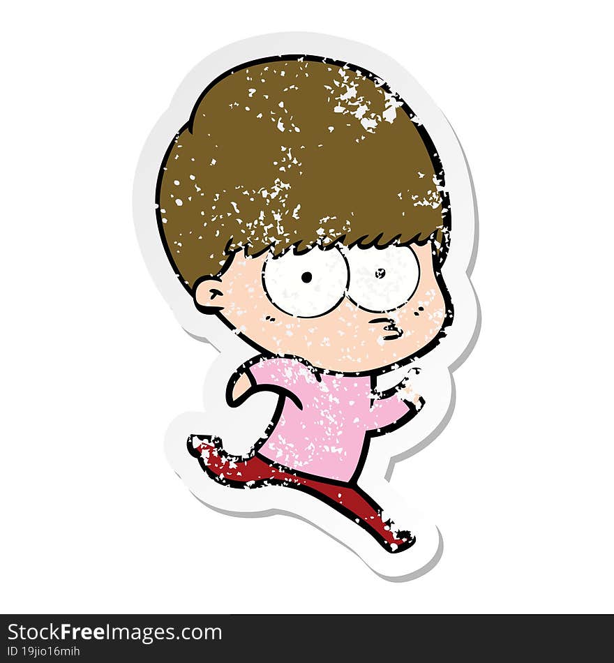 distressed sticker of a nervous cartoon boy