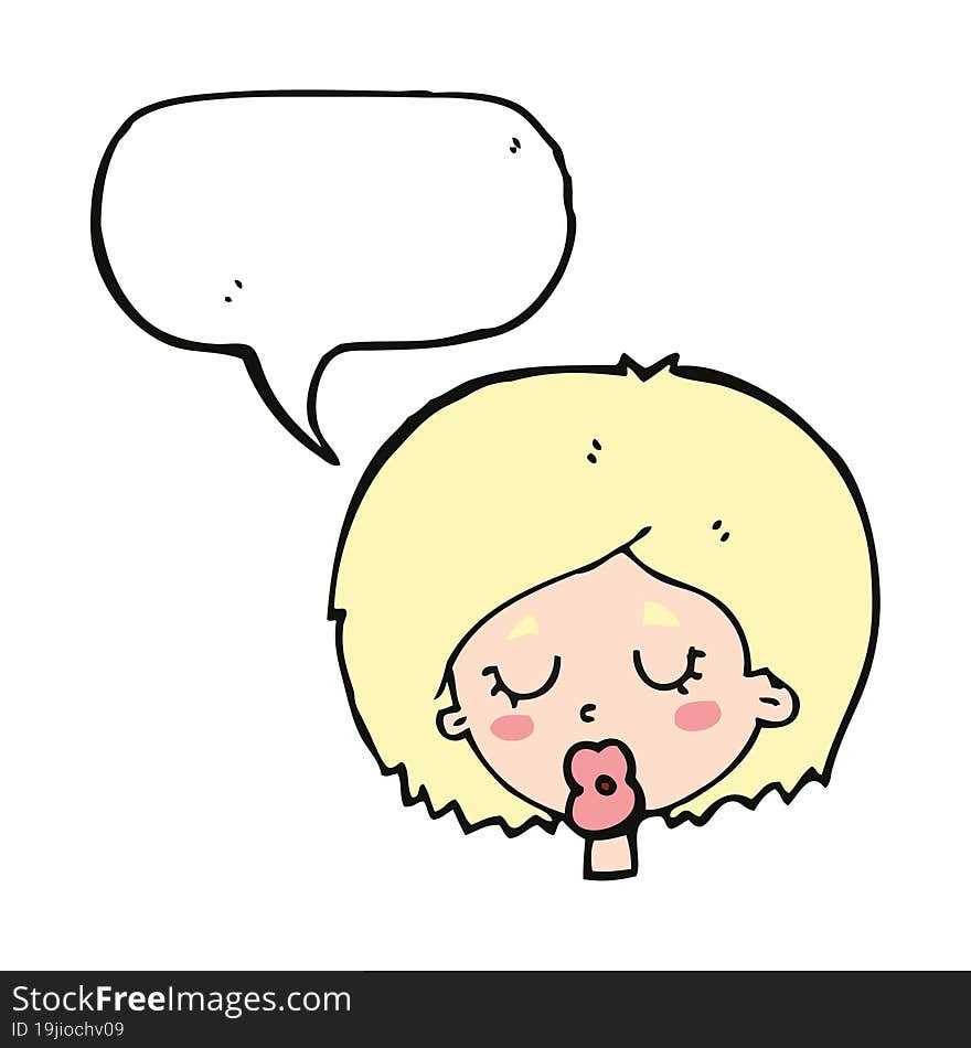 cartoon woman with eyes closed with speech bubble