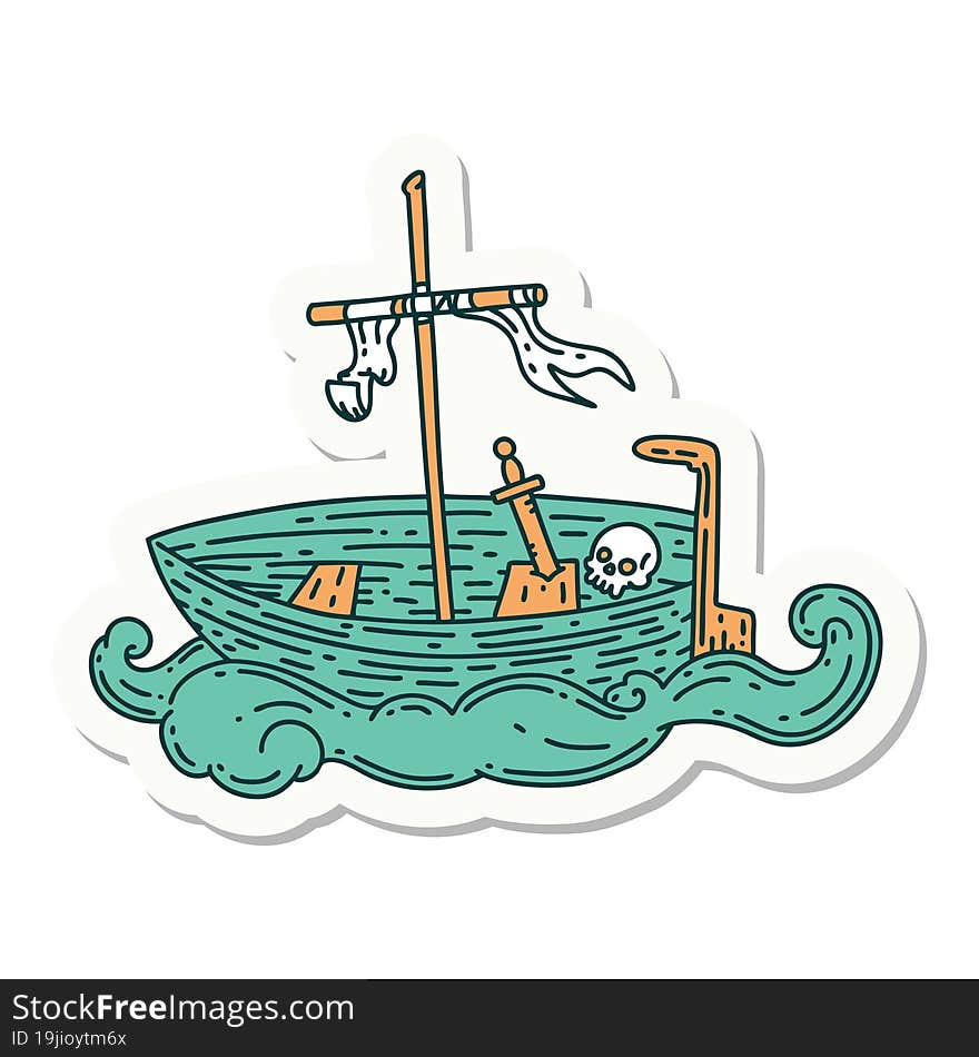 sticker of tattoo style empty boat with skull