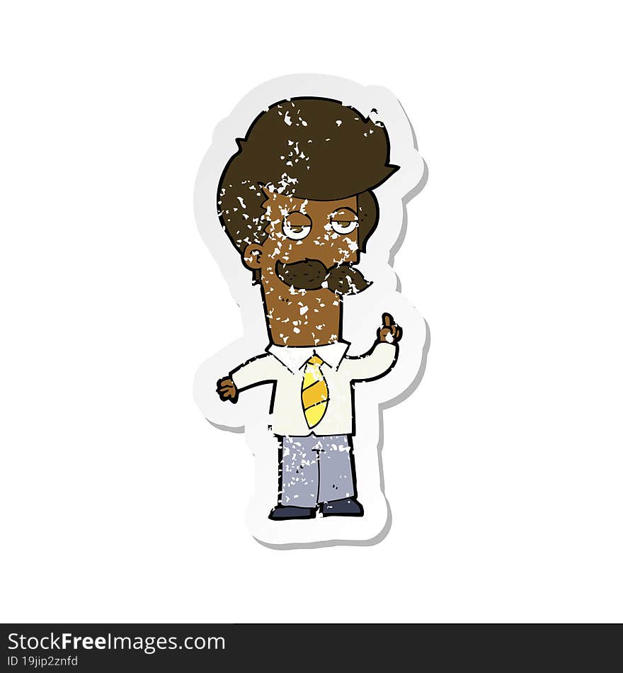 retro distressed sticker of a cartoon mna with mustache explaining