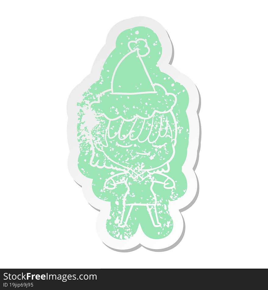 cartoon distressed sticker of a woman wearing santa hat