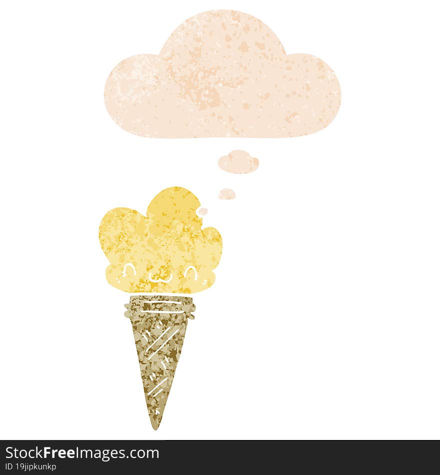 Cartoon Ice Cream With Face And Thought Bubble In Retro Textured Style