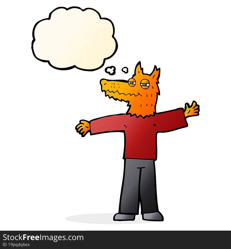 cartoon happy fox man with thought bubble