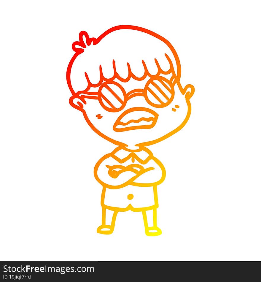 warm gradient line drawing of a cartoon boy with crossed arms wearing spectacles