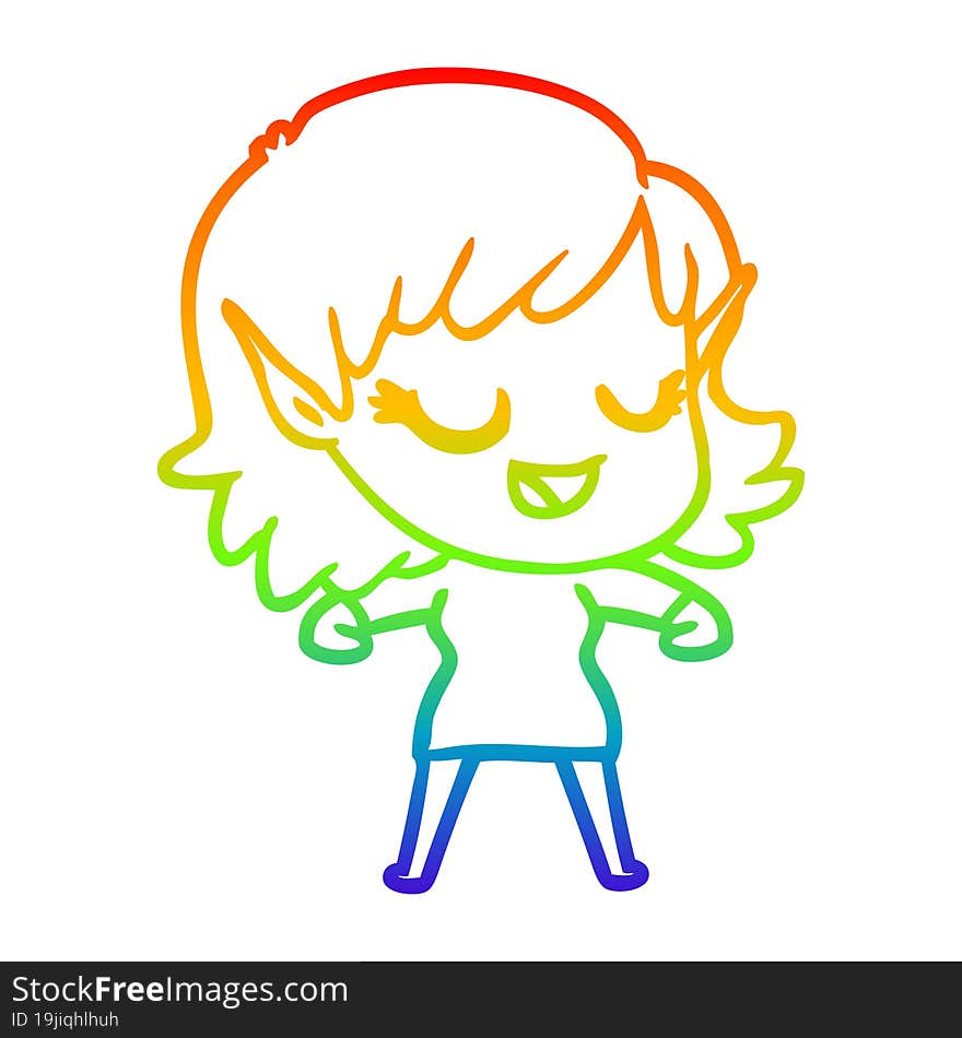 rainbow gradient line drawing of a happy cartoon elf girl