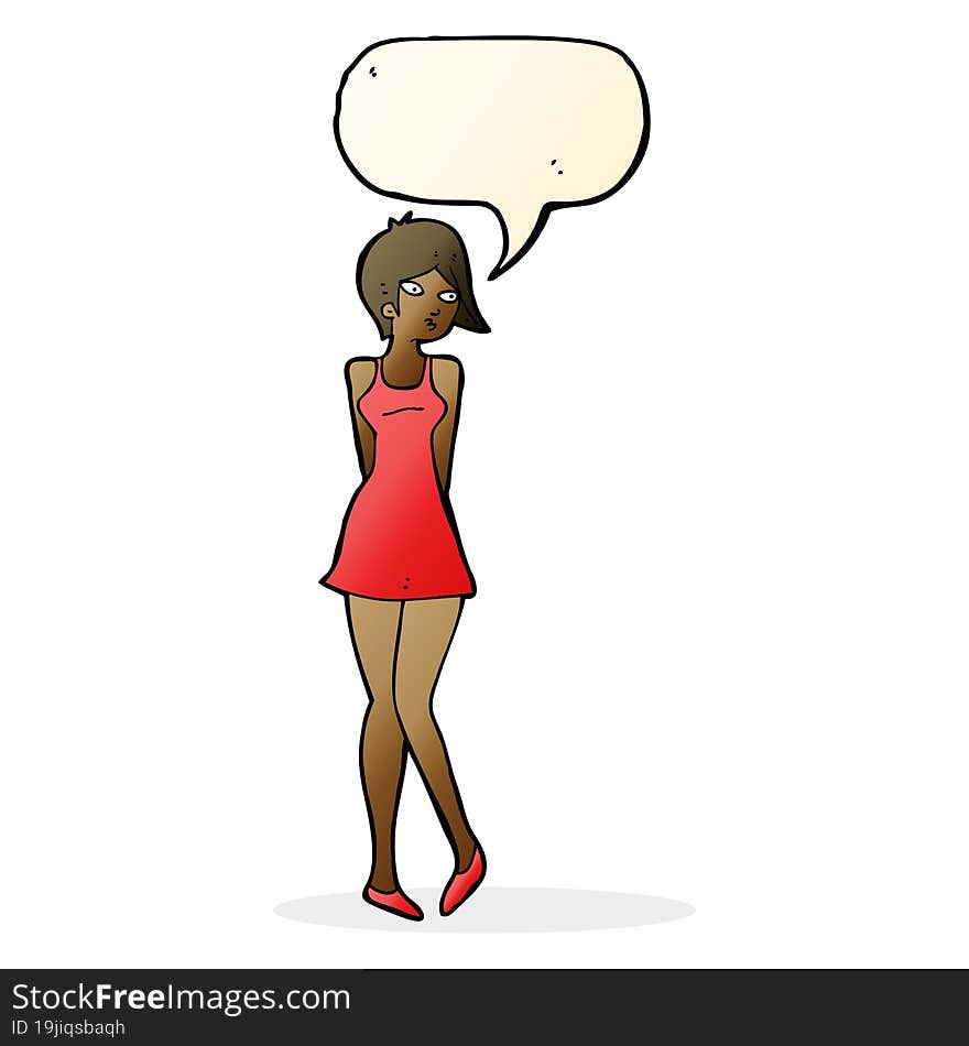 cartoon pretty woman in dress with speech bubble