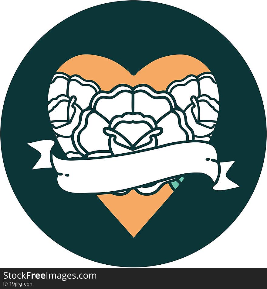 Tattoo Style Icon Of A Heart And Banner With Flowers