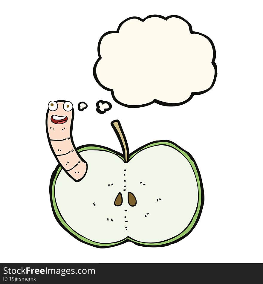 cartoon apple with worm with thought bubble