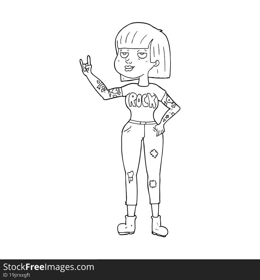 freehand drawn black and white cartoon rock girl