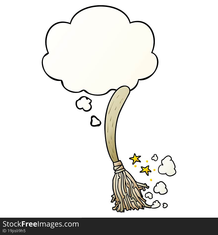 cartoon magic broom with thought bubble in smooth gradient style