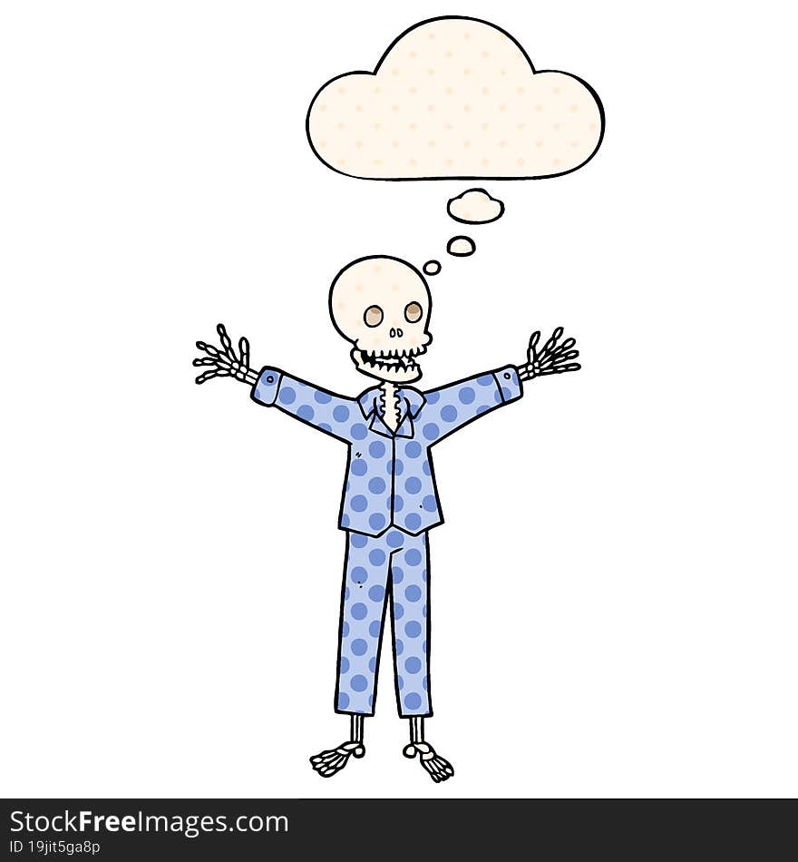 cartoon skeleton wearing pajamas with thought bubble in comic book style