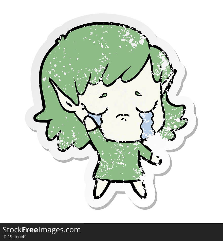 distressed sticker of a cartoon crying elf girl