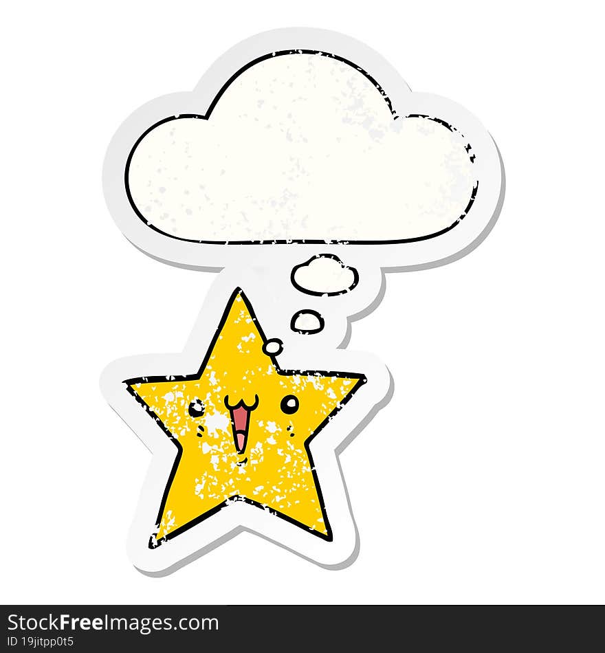 happy cartoon star and thought bubble as a distressed worn sticker