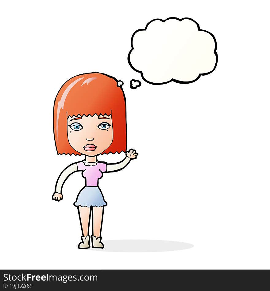 cartoon waving woman with thought bubble