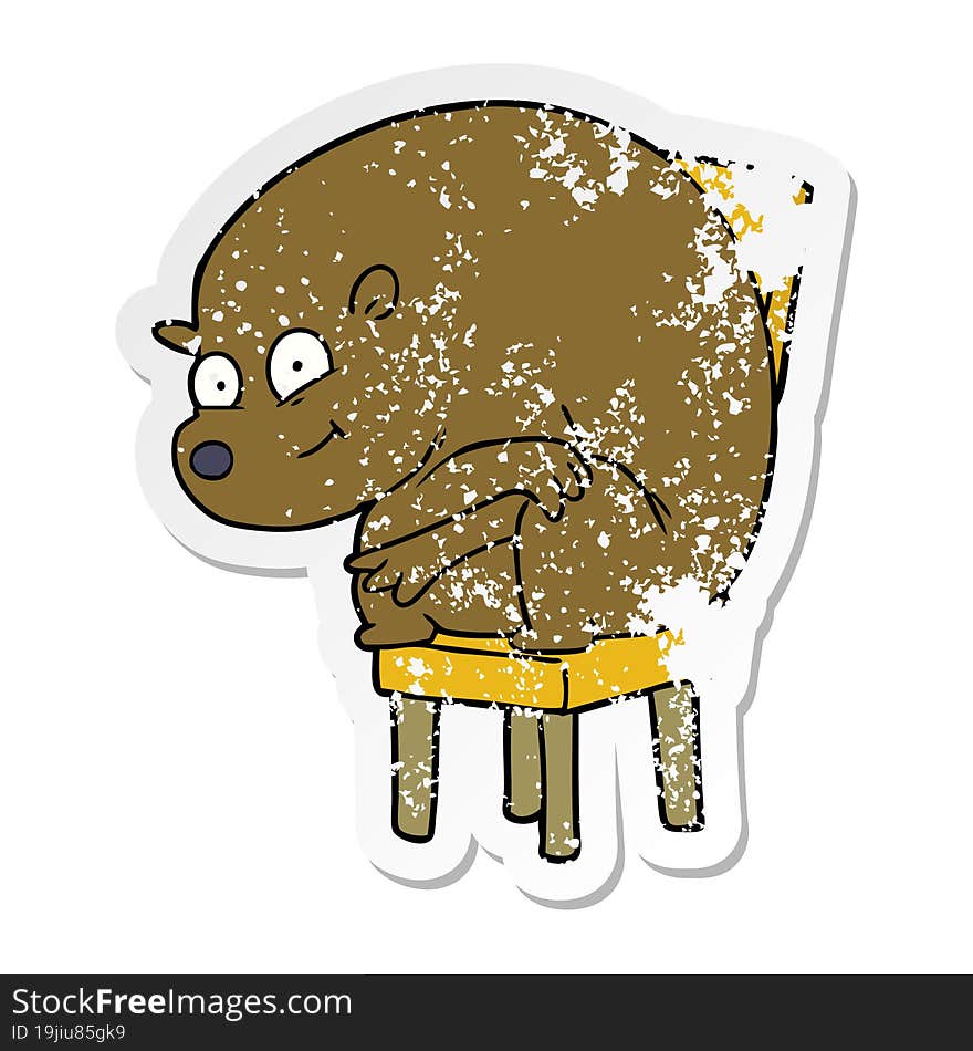 distressed sticker of a cartoon bear sitting on chair