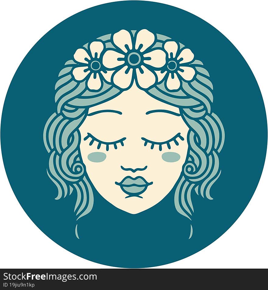 tattoo style icon of female face with eyes closed