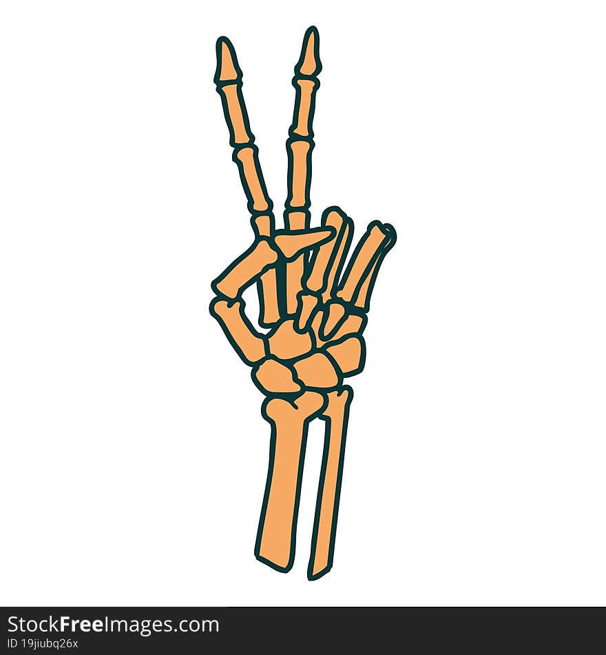 tattoo style icon of a skeleton hand giving a peace sign