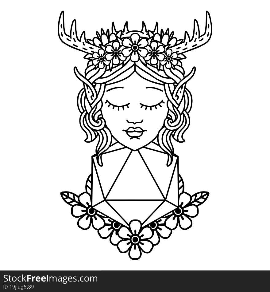 Black and White Tattoo linework Style elf druid character with nautral twenty dice roll. Black and White Tattoo linework Style elf druid character with nautral twenty dice roll