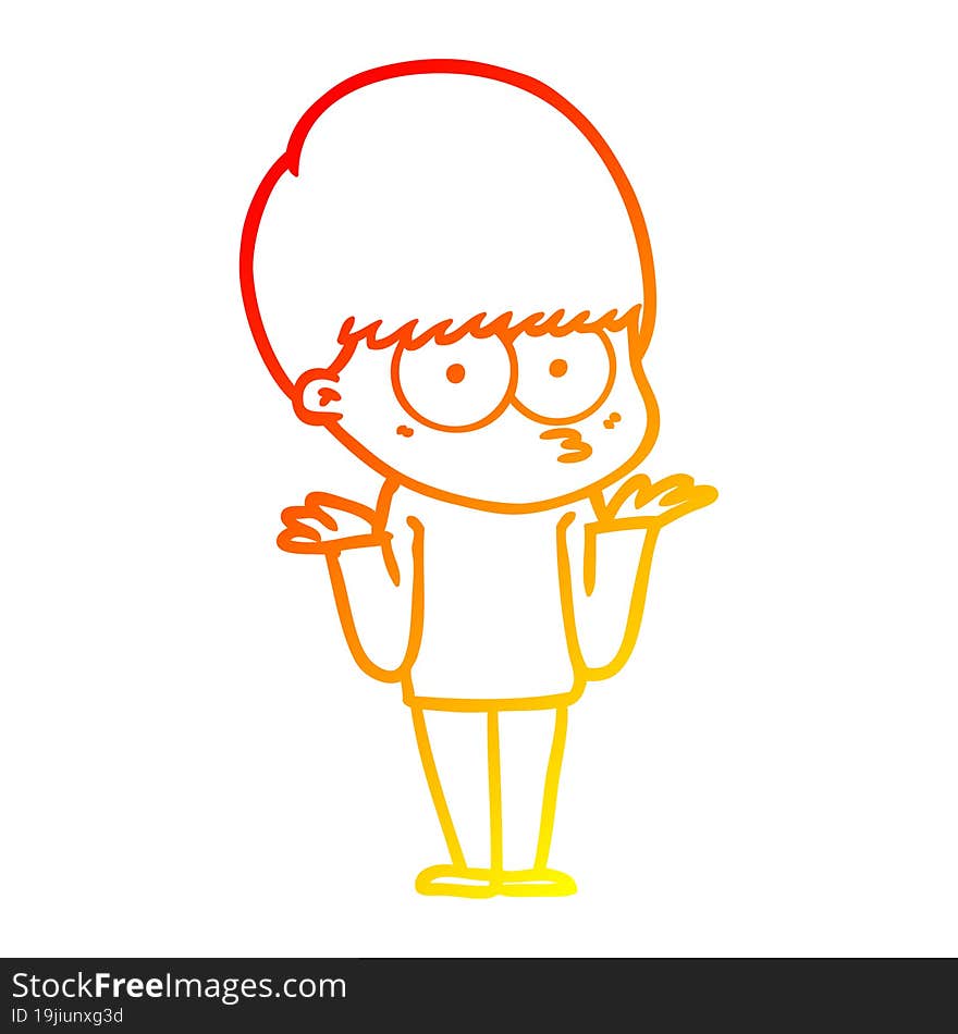 warm gradient line drawing confused cartoon boy shrugging shoulders