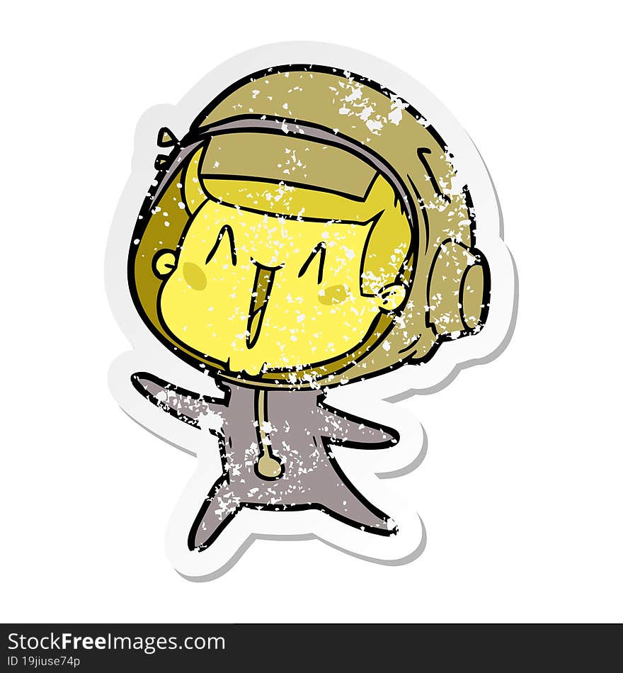 distressed sticker of a happy cartoon astronaut leaping