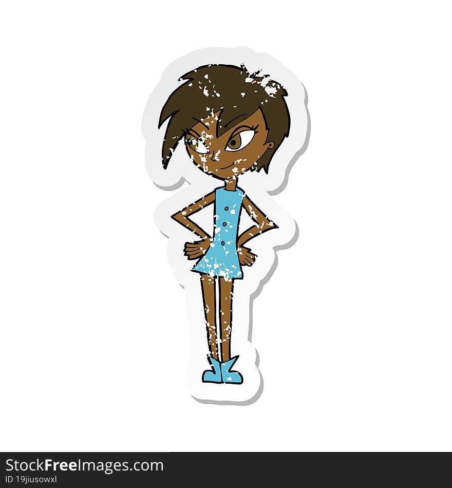 retro distressed sticker of a cartoon girl with hands on hips