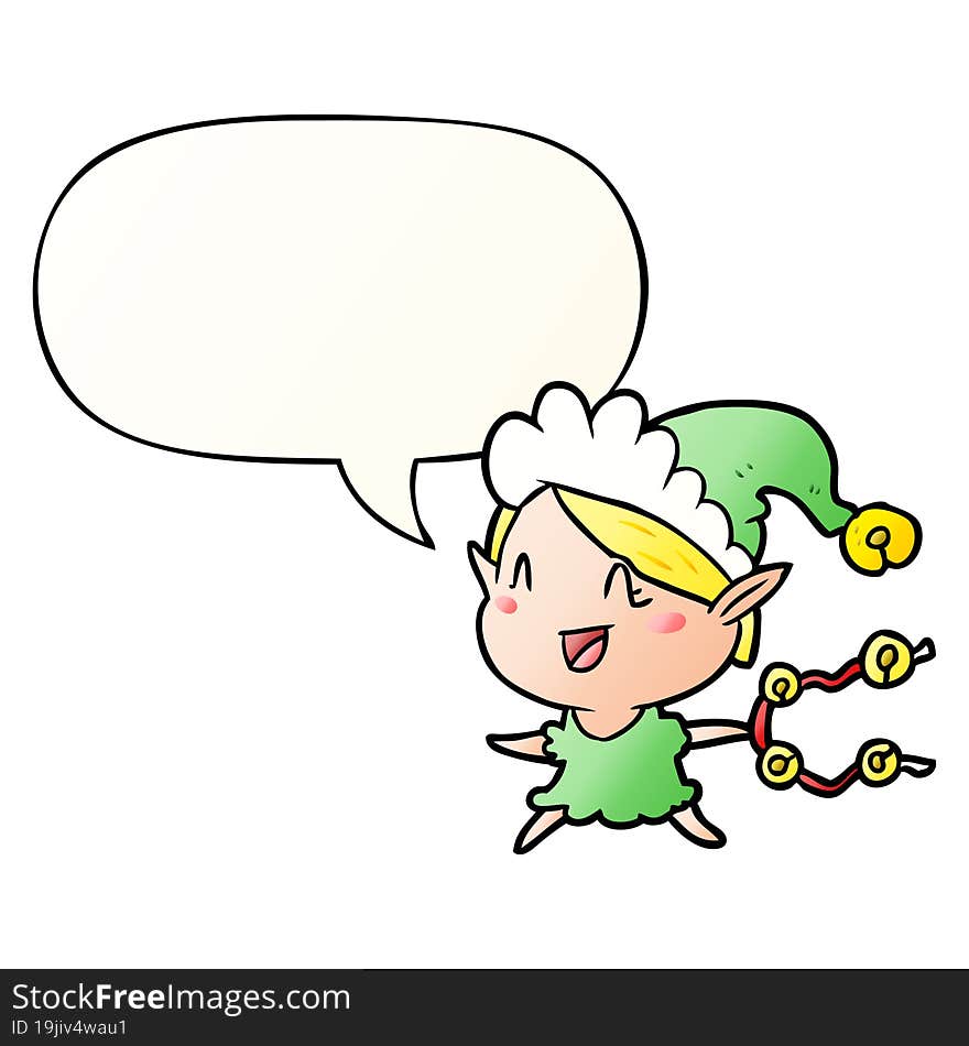 cartoon happy christmas elf and speech bubble in smooth gradient style