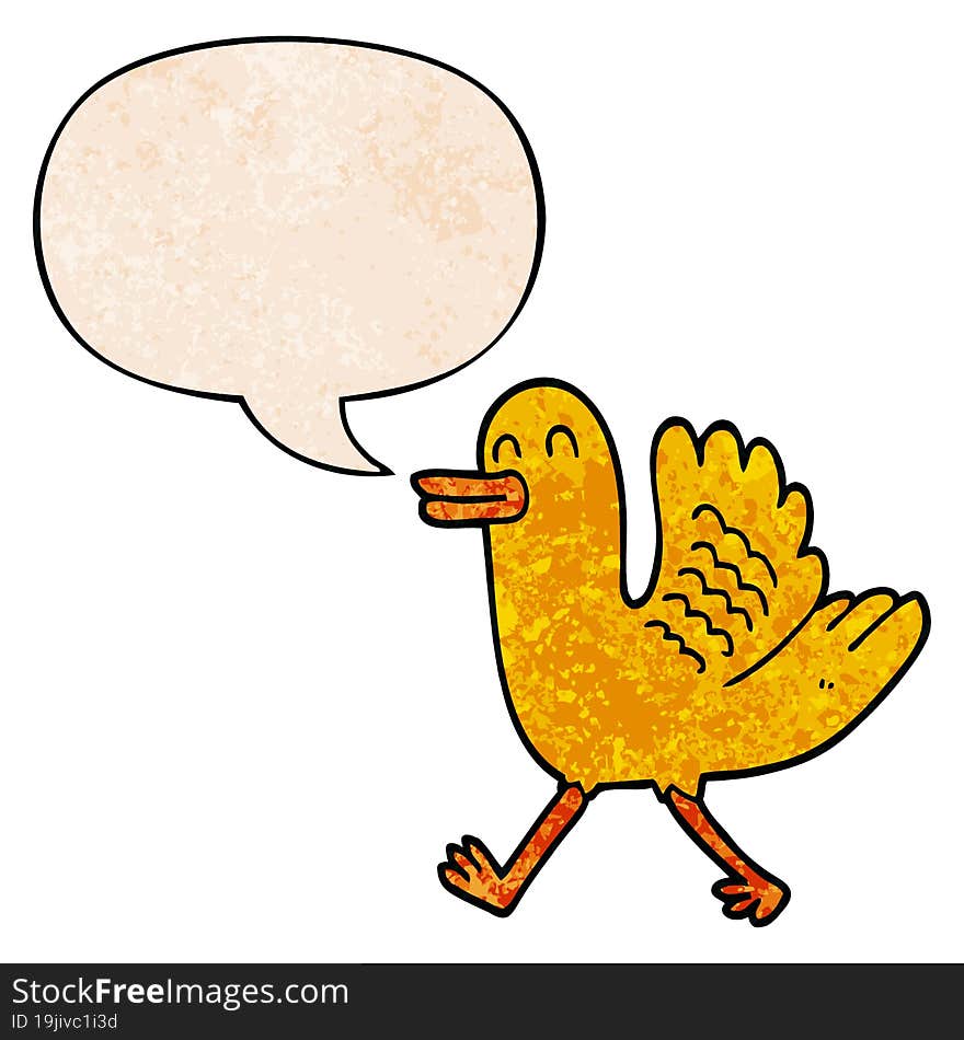 cartoon duck and speech bubble in retro texture style