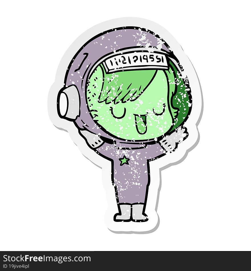 distressed sticker of a cartoon astronaut woman