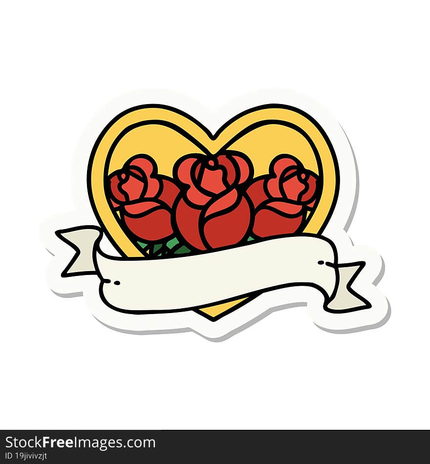 sticker of tattoo in traditional style of a heart and banner with flowers. sticker of tattoo in traditional style of a heart and banner with flowers