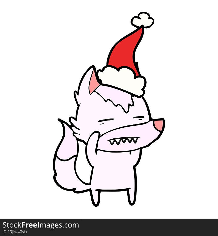 line drawing of a wolf showing teeth wearing santa hat