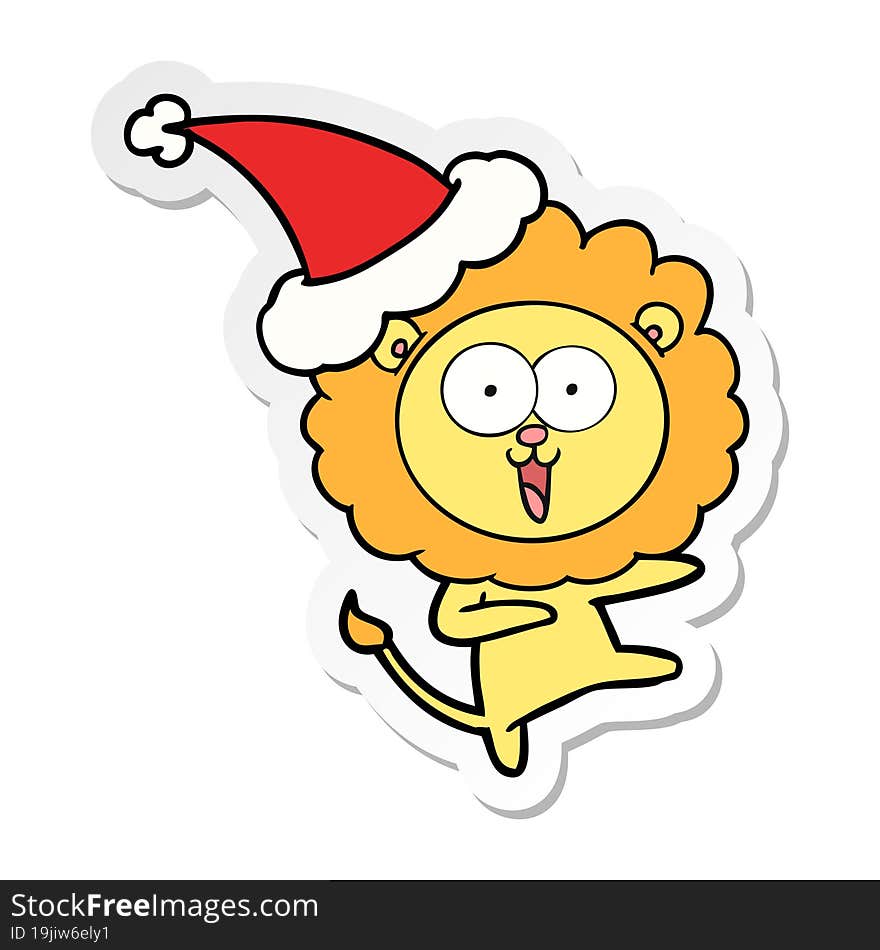 happy sticker cartoon of a lion wearing santa hat